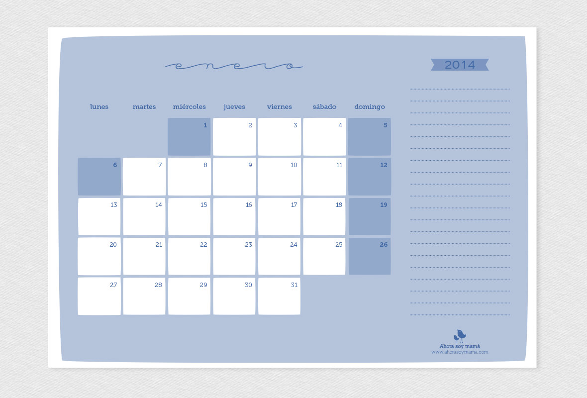 Calendario de mesa 2014, enero. Imprimible descargable