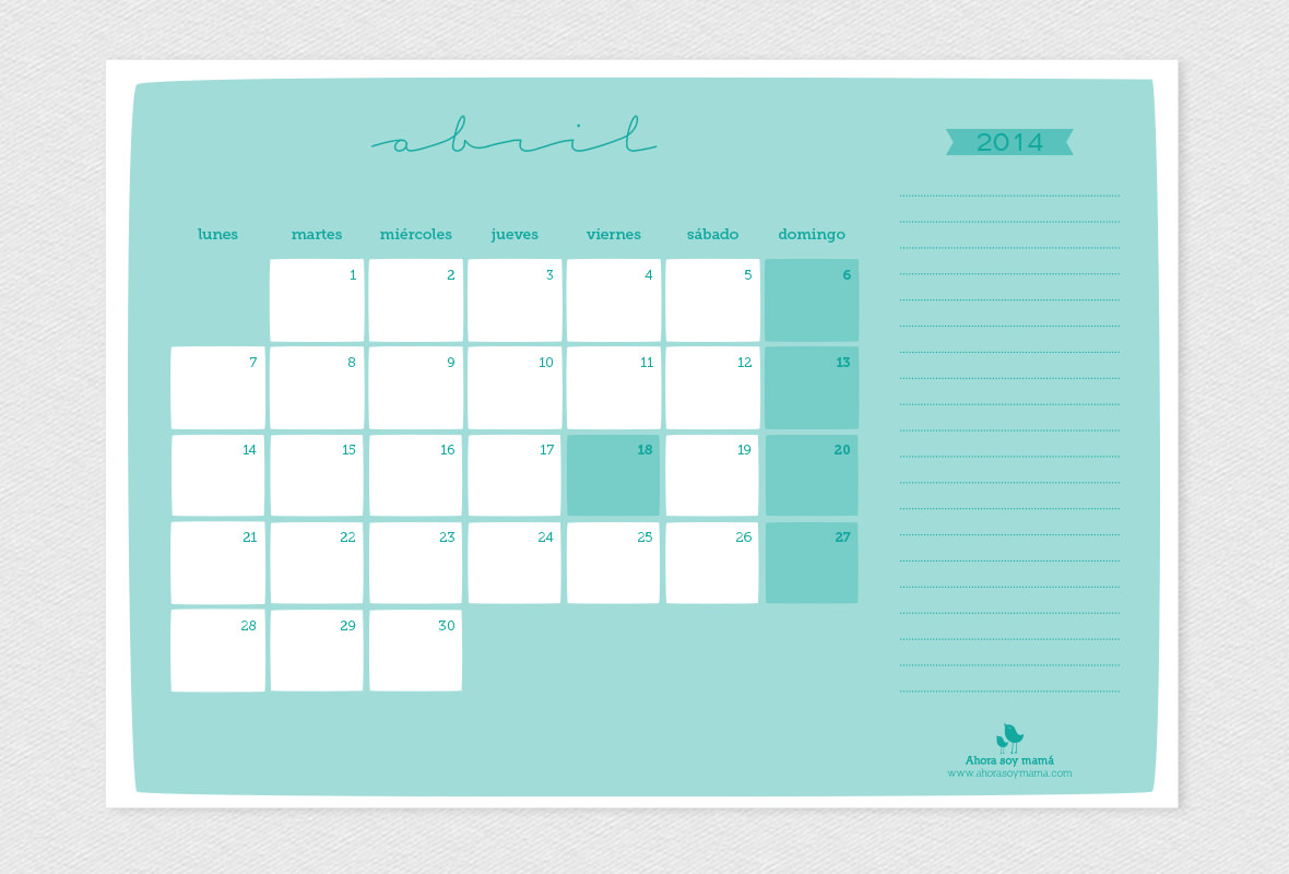 Calendario de mesa 2014, abril. Imprimible descargable