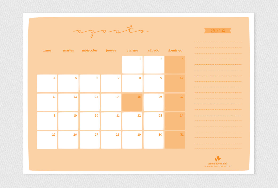 Calendario de mesa 2014, agosto. Imprimible descargable