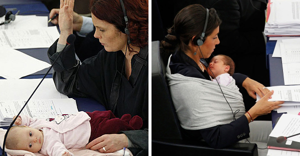 mamas eurodiputadas - La eurodiputada italiana Licia Ronzulli y la eurodiputada danesa Hanne Dahl acudiendo al Parlamento Europeo con sus bebés