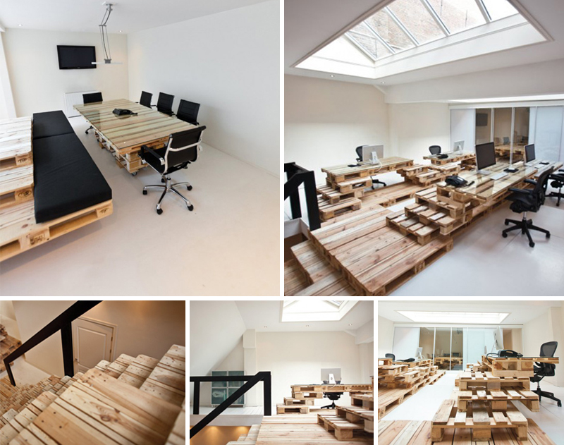oficina pales reciclados - Diseño de oficina. Mesas y escaleras fabricadas con palés reciclados